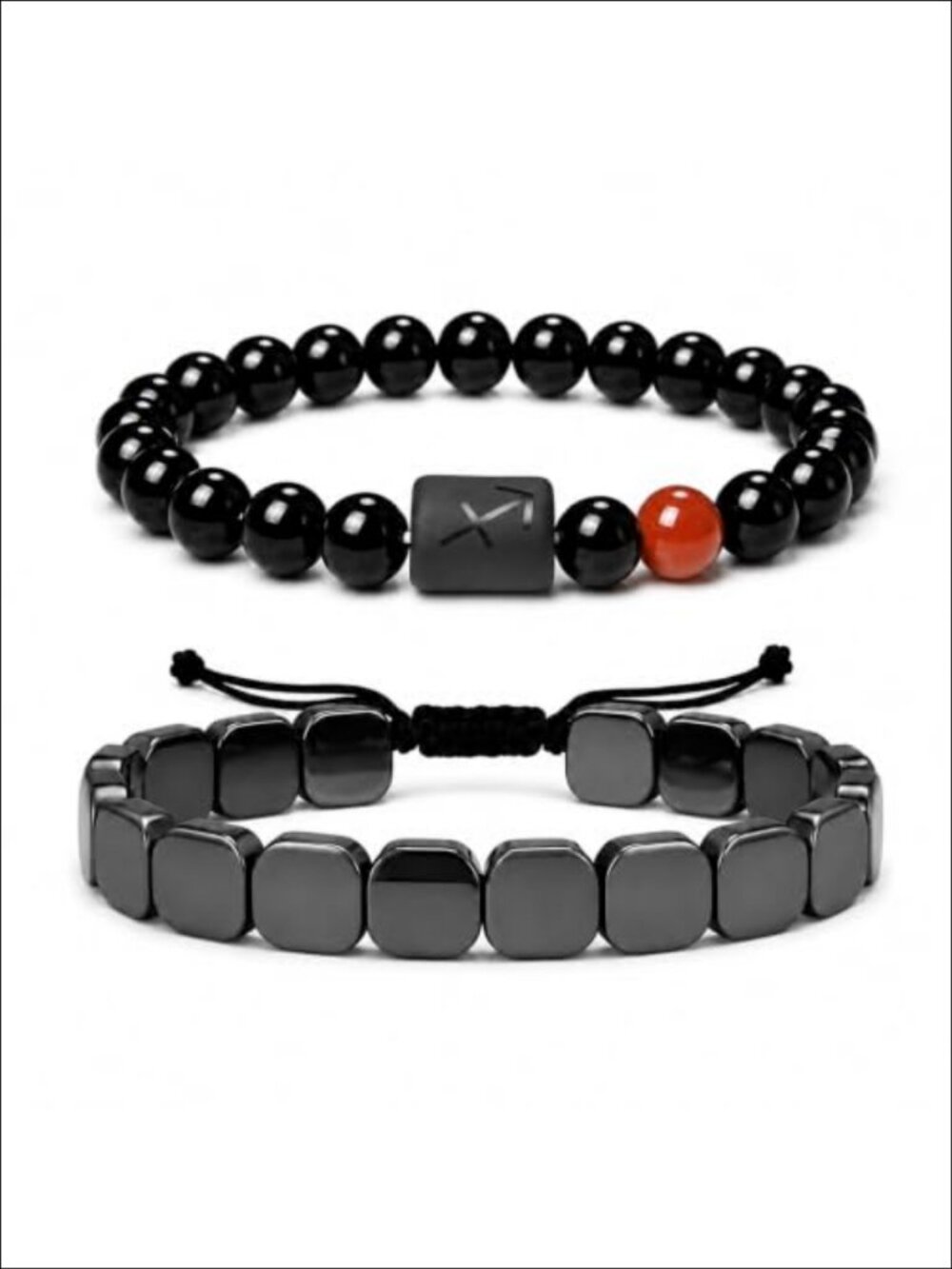 Hematite Zodiac Charm Beaded Stretch Bracelet Set 2pc Stackable Gift